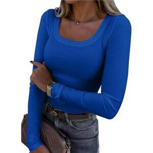 Womens Long Sleeve Scoop Neck Ribbed Knit Top Slim Fitted Casual Basic Shirt